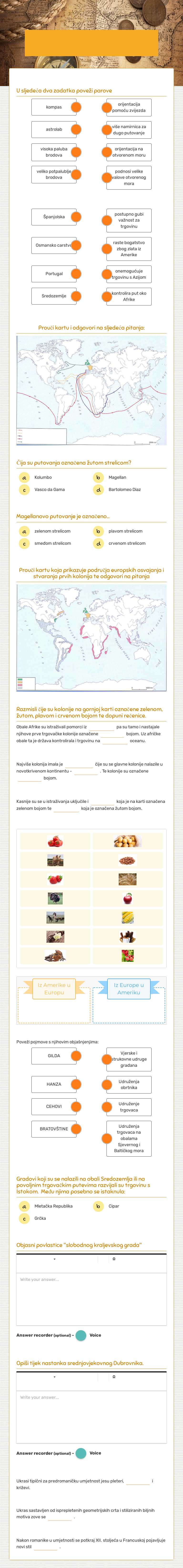 Razvoj srednjovjekovnih gradova Velika geografska otkrića Grade 6 worksheet preview