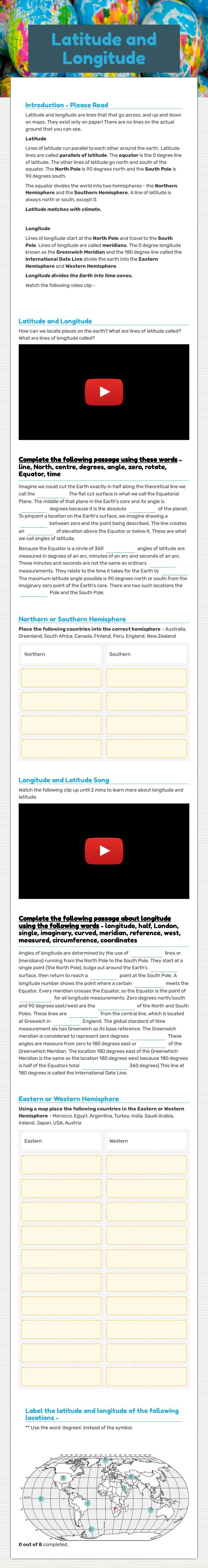 Latitude and Longitude worksheet preview image
