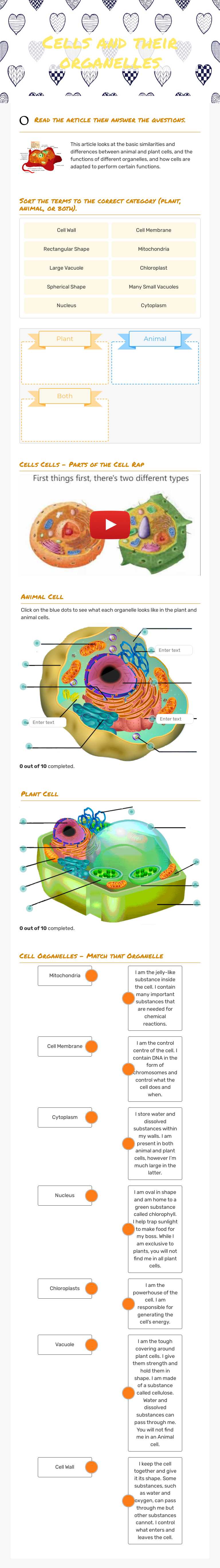 Cells and their organelles Grade 8 worksheet preview