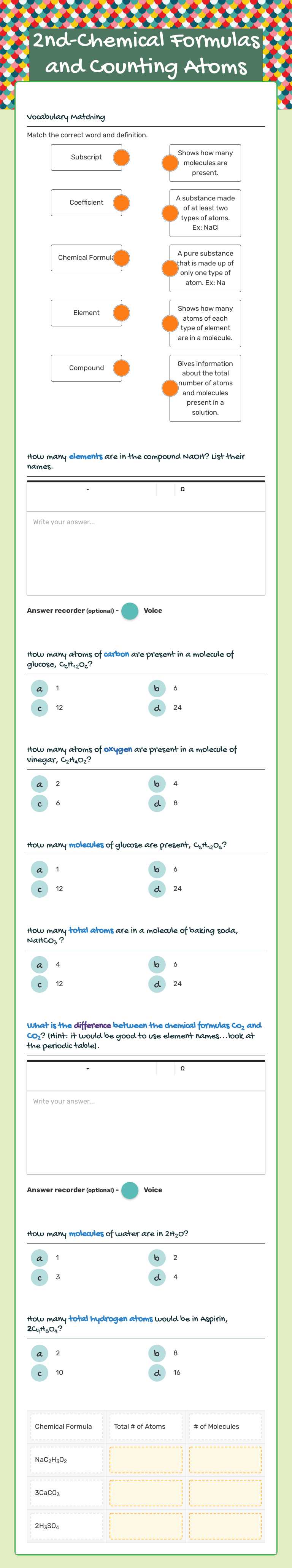 2nd-Chemical Formulas 
     and Counting Atoms worksheet preview image