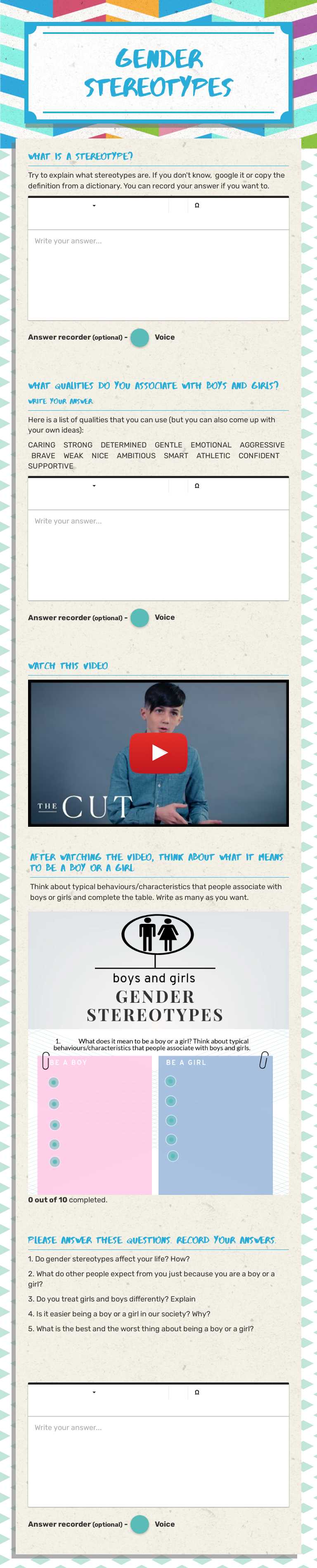 GENDER STEREOTYPES worksheet preview image