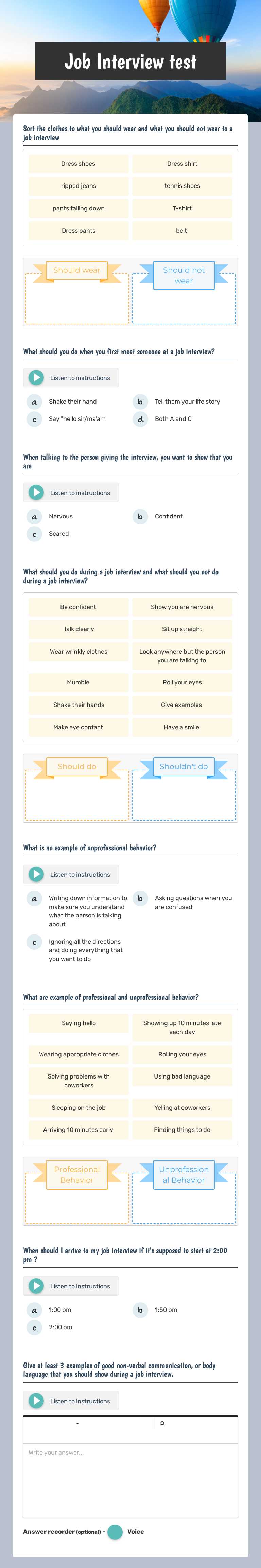 Job Interview test worksheet preview image