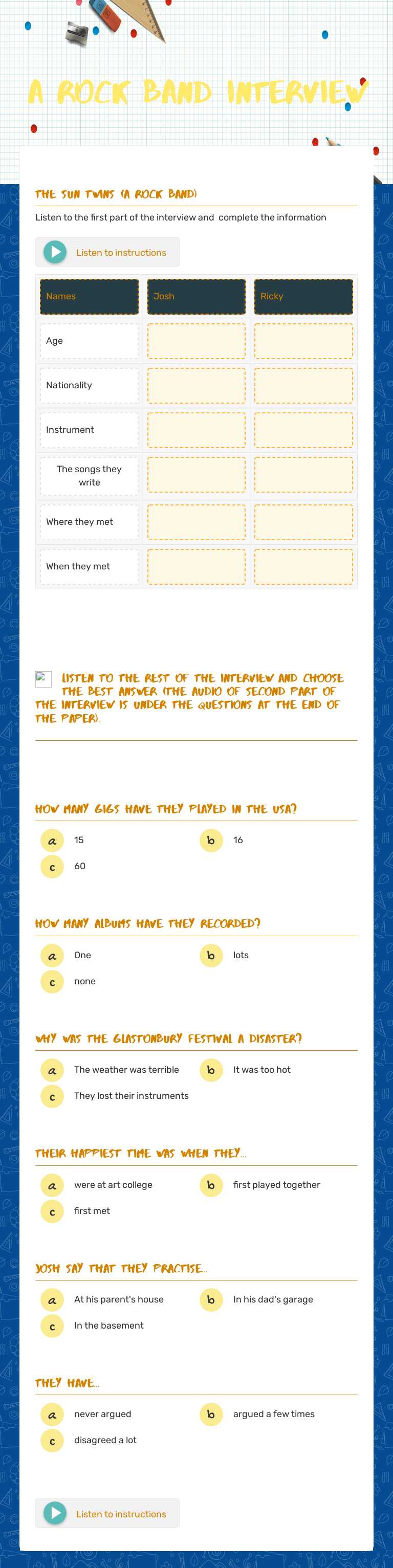 A rock band interview Grade 8 worksheet preview
