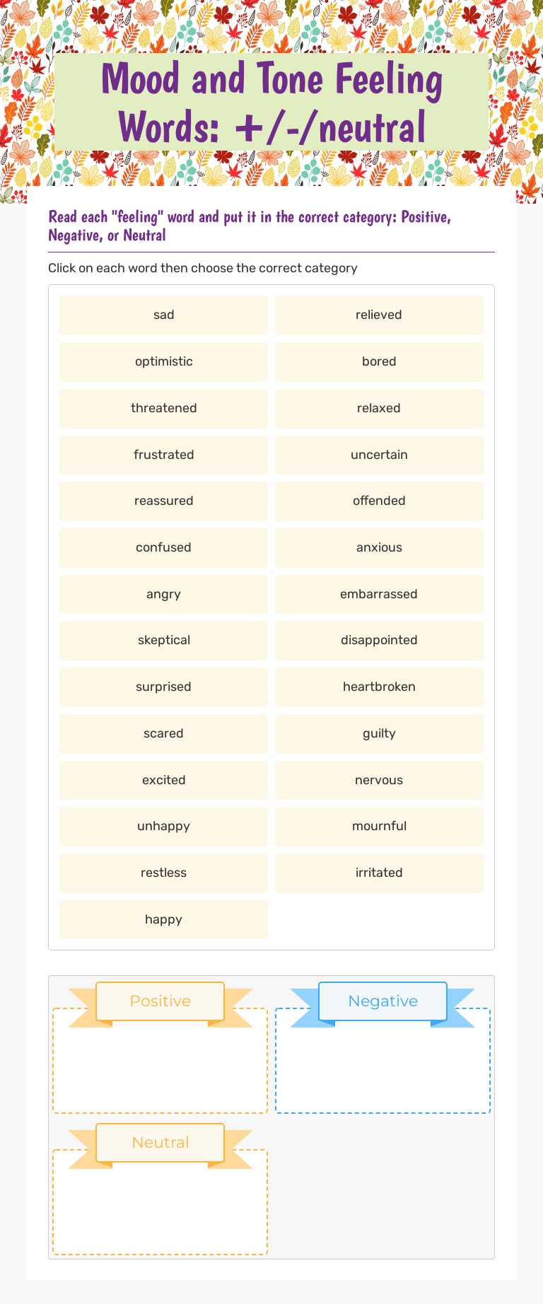 Mood and Tone Feeling Words: +/-/neutral worksheet preview image