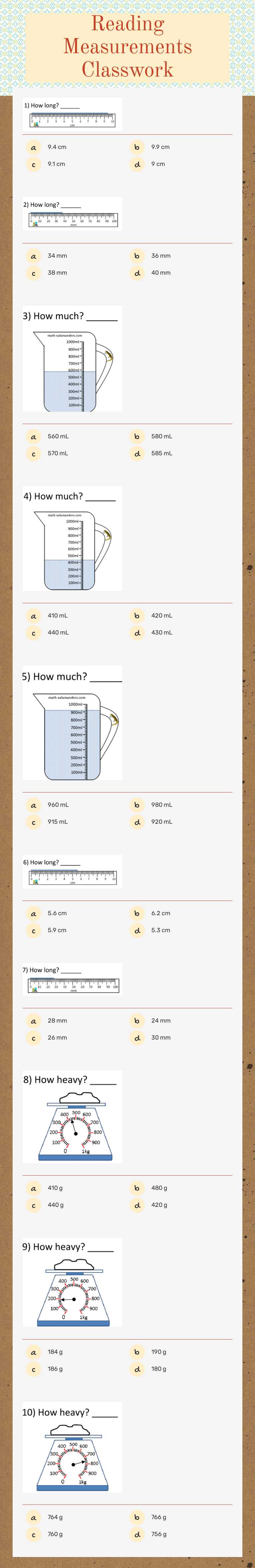 Reading Measurements Classwork Grade 5 worksheet preview