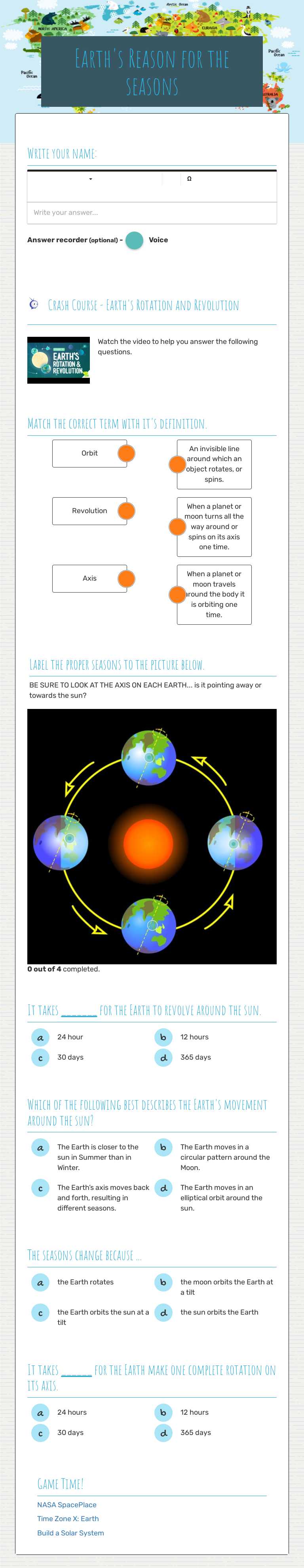 Earth's Reason for the seasons worksheet preview image