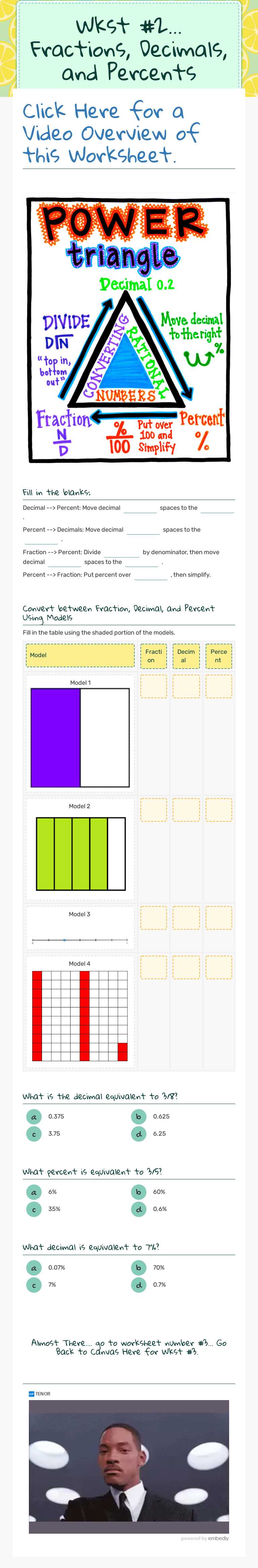 Wkst #2... Fractions, Decimals, and Percents Grade 9 worksheet preview