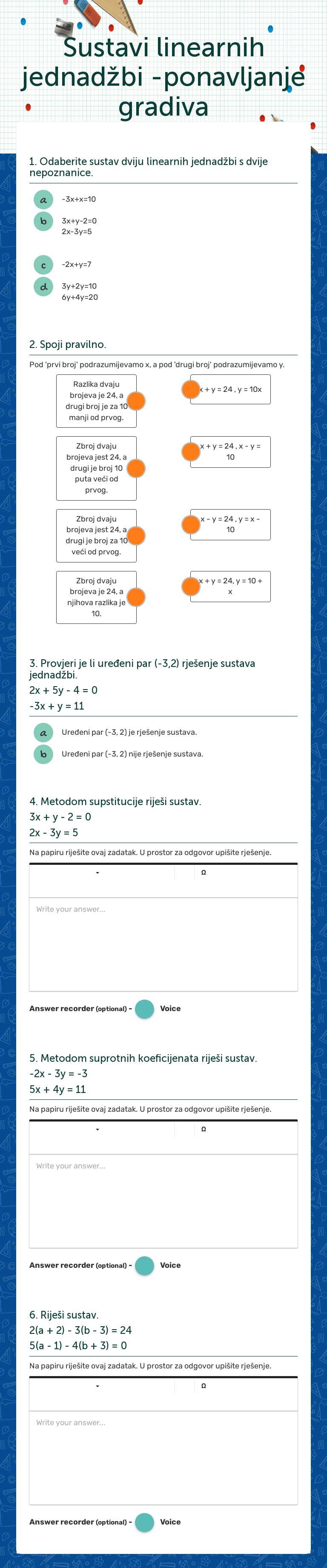 Sustavi linearnih jednadžbi -ponavljanje gradiva worksheet preview image