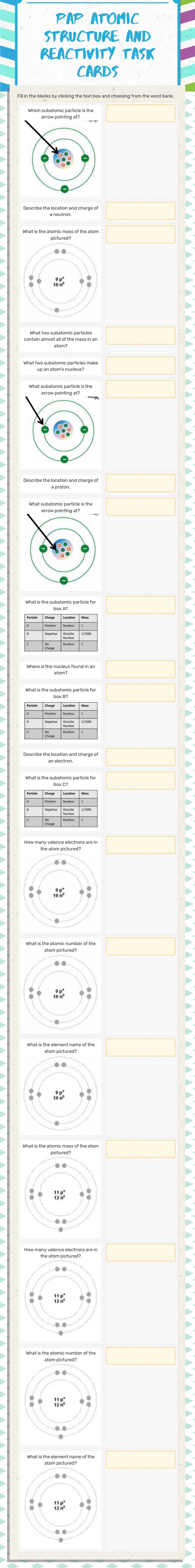 PAP ATOMIC STRUCTURE AND REACTIVITY TASK CARDS Grade 8 worksheet preview