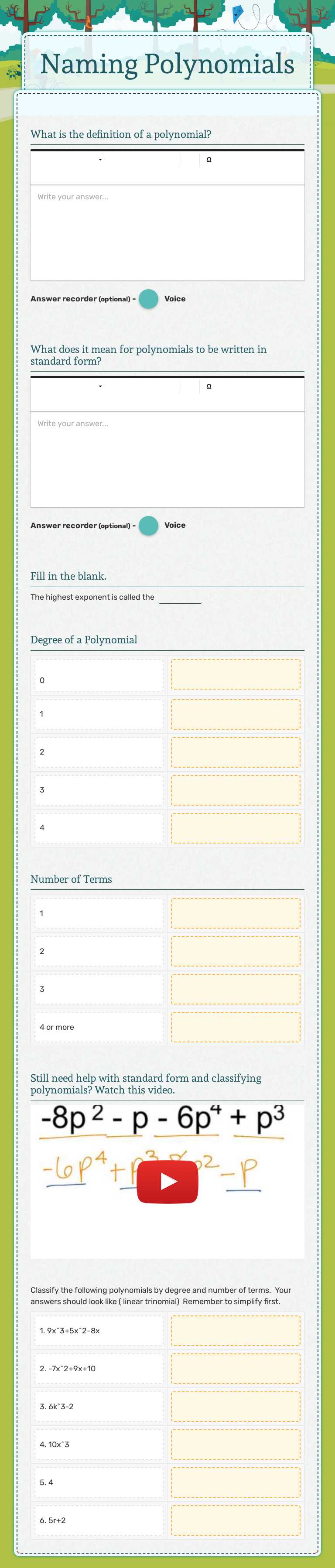 Naming Polynomials worksheet preview image