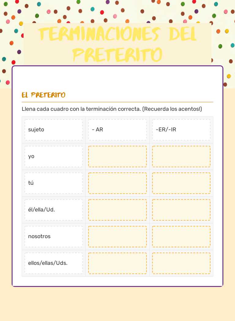 terminaciones del preterito Grade 6 worksheet preview