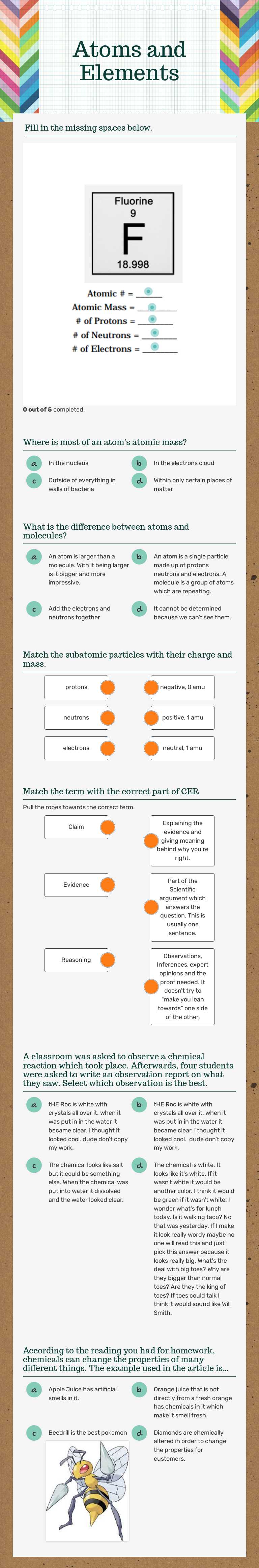 Atoms and Elements worksheet preview image
