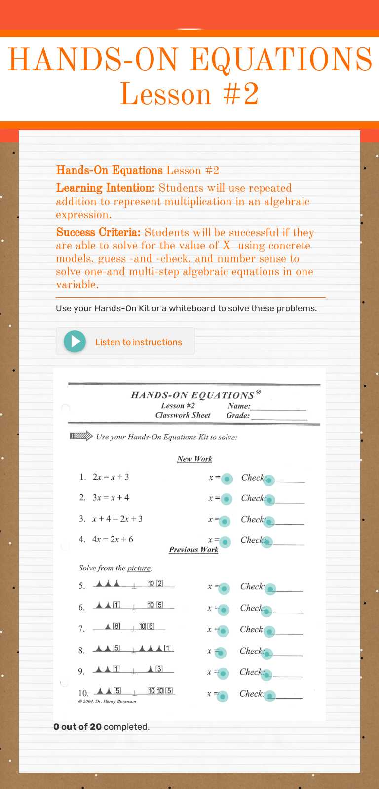 HANDS-ON EQUATIONS 
Lesson #2 worksheet preview image