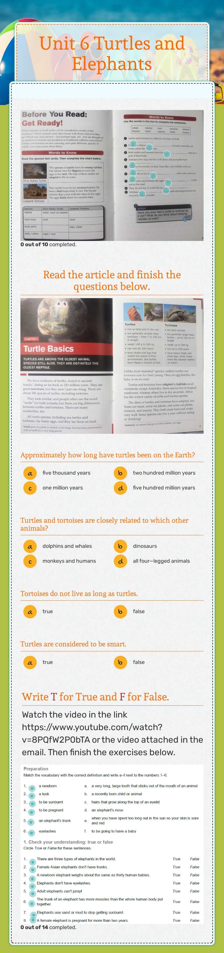Unit 6 Turtles and Elephants worksheet preview image