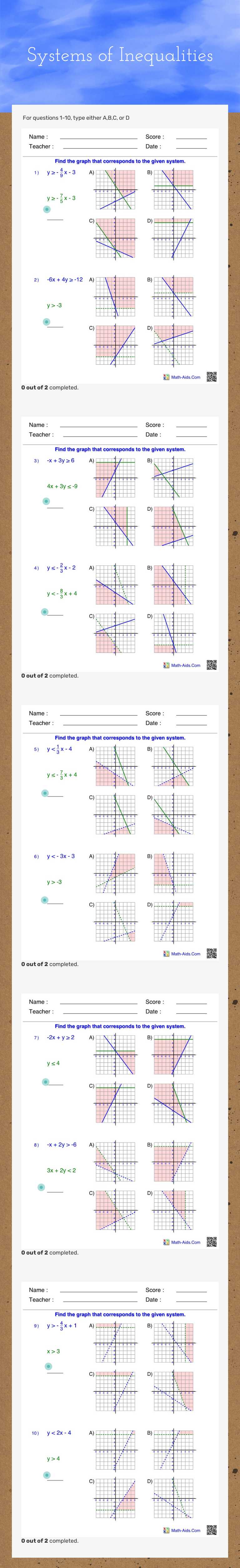 Systems of Inequalities worksheet preview image