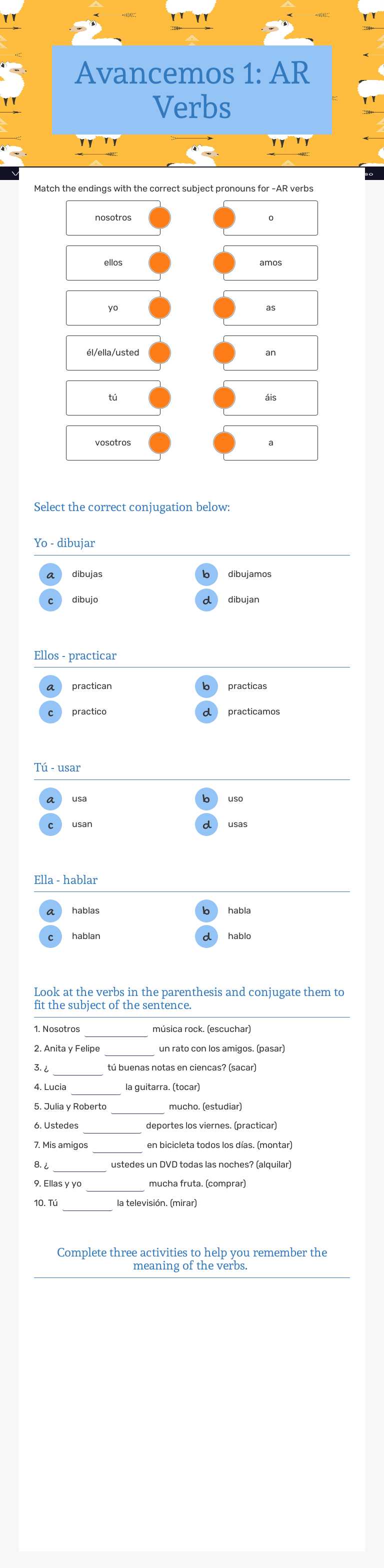 Avancemos 1: AR Verbs worksheet preview image