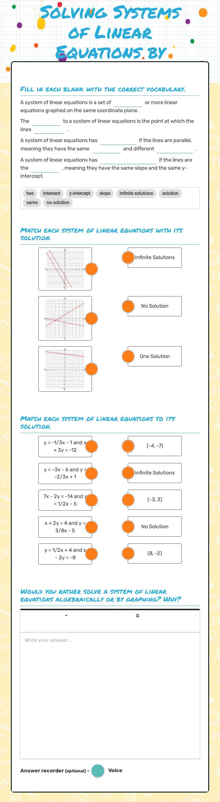 Solving Systems of Linear Equations by Graphing worksheet preview image