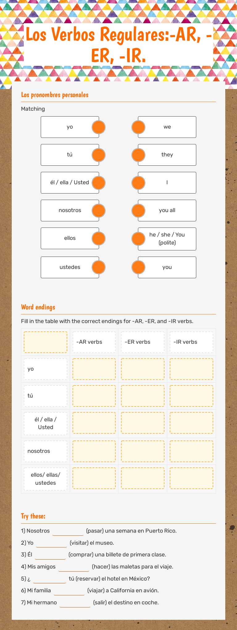 Los Verbos Regulares:-AR, -ER, -IR. Grade 10 worksheet preview