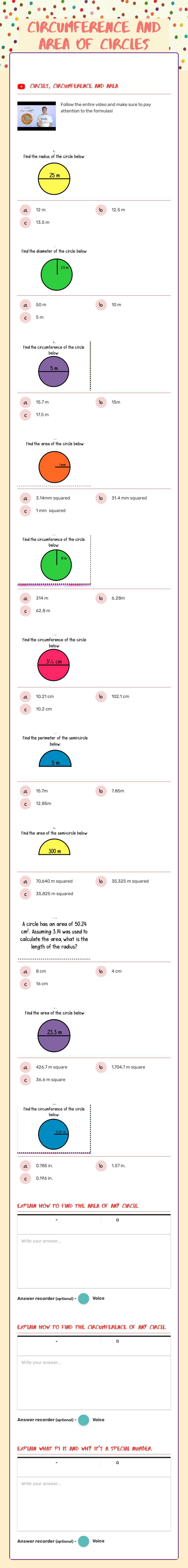circumference AND AREA of circles worksheet preview image