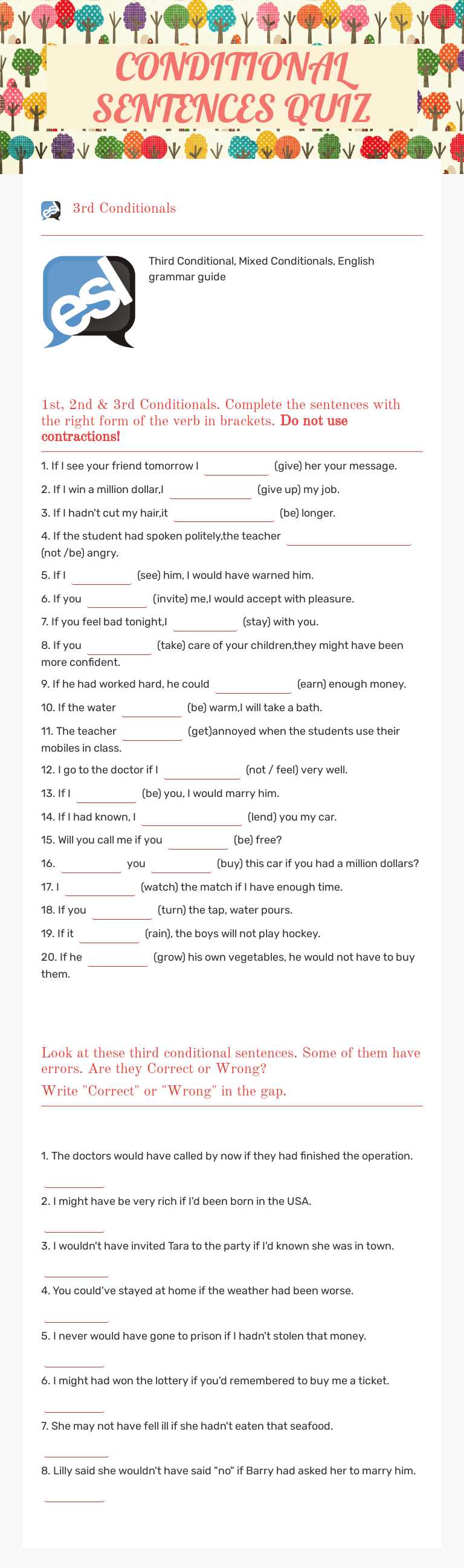 CONDITIONAL SENTENCES QUIZ worksheet preview image