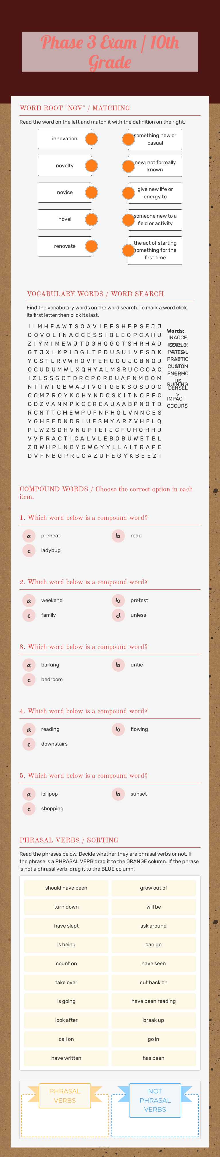 Phase 3 Exam / 10th Grade worksheet preview image