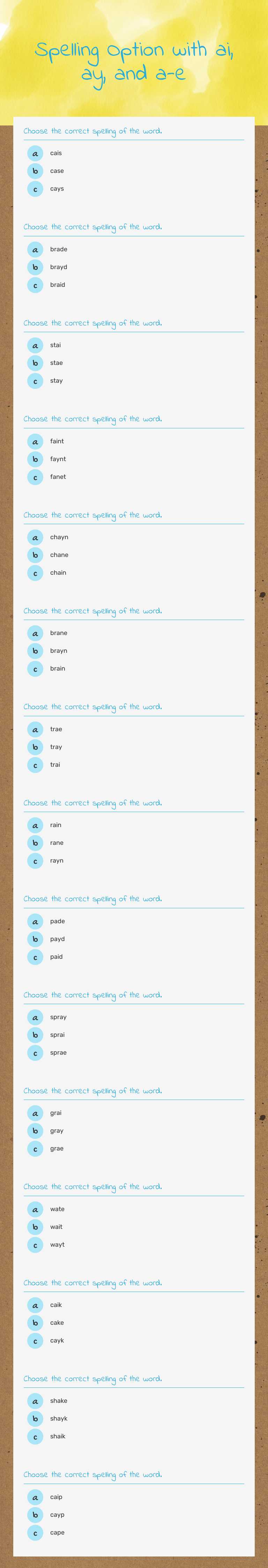 Spelling Option with ai, ay, and a-e worksheet preview image