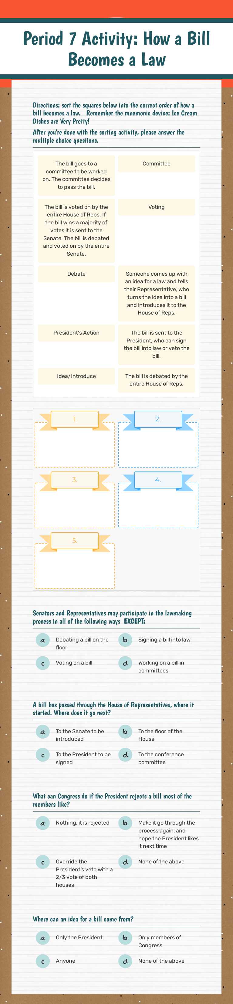 Period 7 Activity: 
How a Bill Becomes a Law Grade 8 worksheet preview