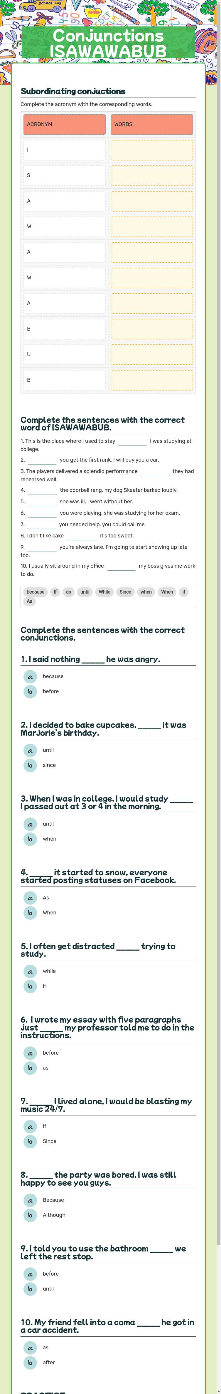 Conjunctions ISAWAWABUB worksheet preview image