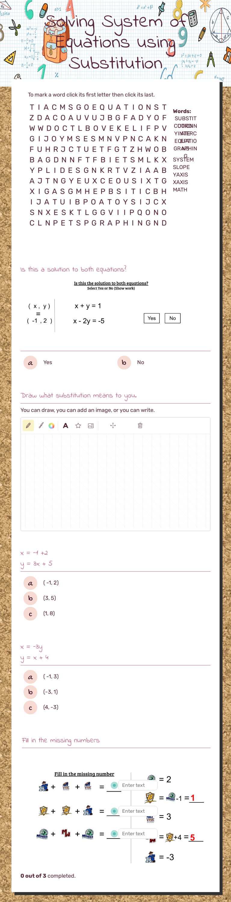 Solving System of Equations using Substitution worksheet preview image