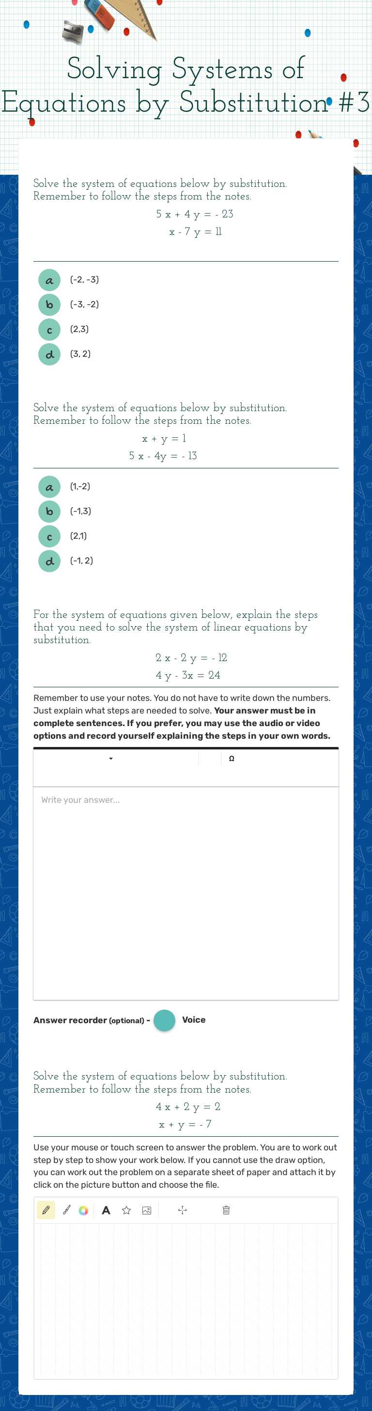 Solving Systems of Equations by Substitution #3 worksheet preview image