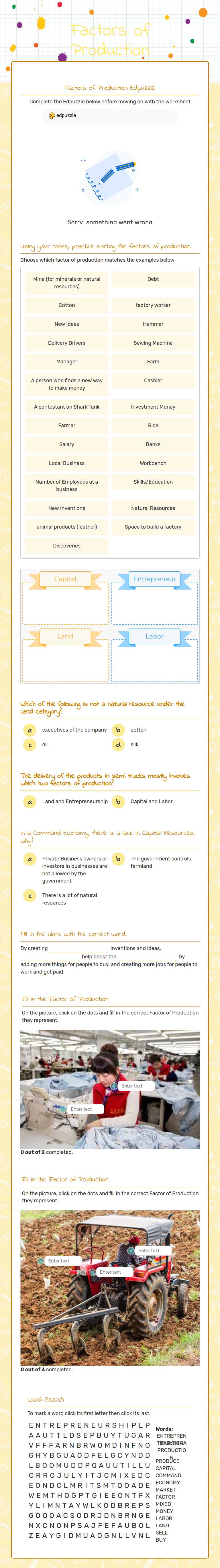 Factors of Production worksheet preview image