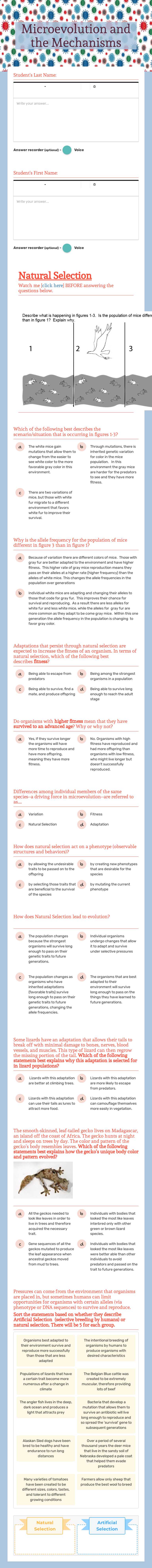 Microevolution and the Mechanisms Grade 10 worksheet preview