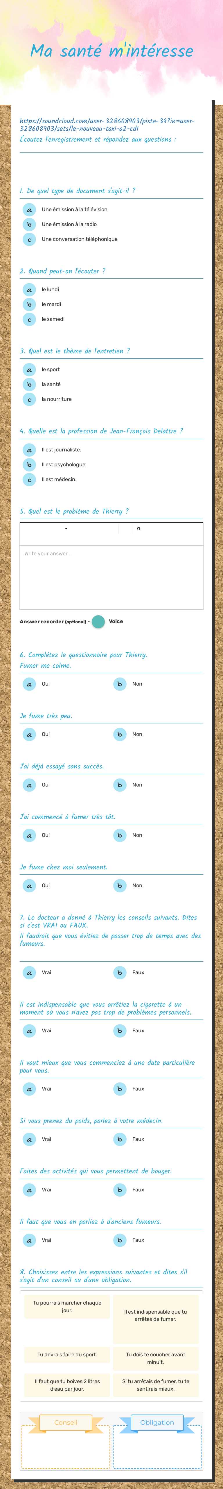 Ma santé m'intéresse worksheet preview image