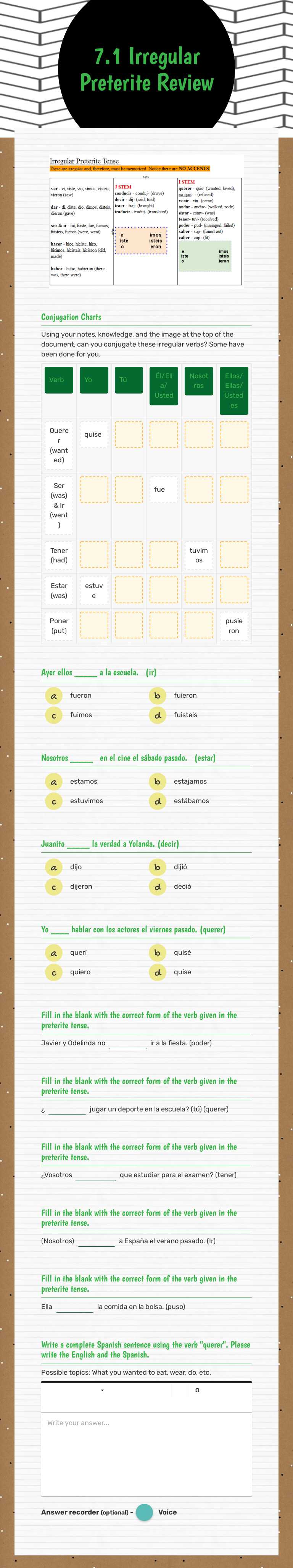 7.1 Irregular Preterite Review worksheet preview image