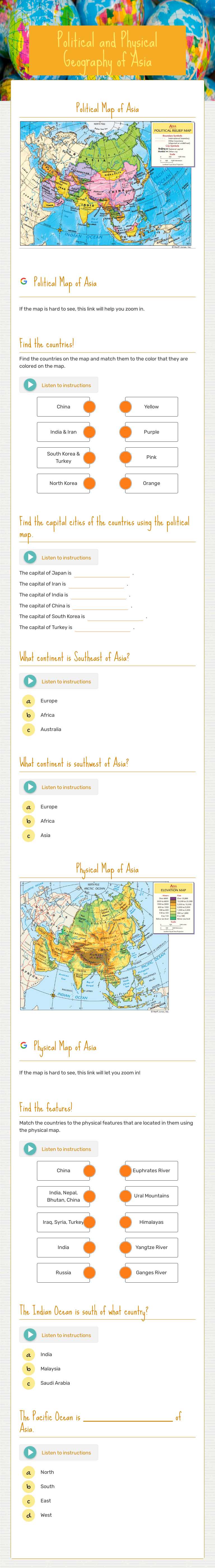 Political and Physical Geography of Asia worksheet preview image