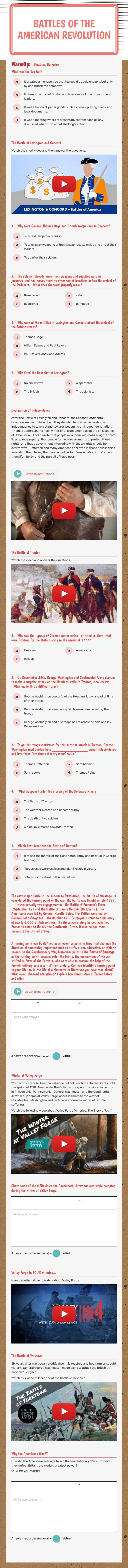 Battles of the American Revolution worksheet preview image
