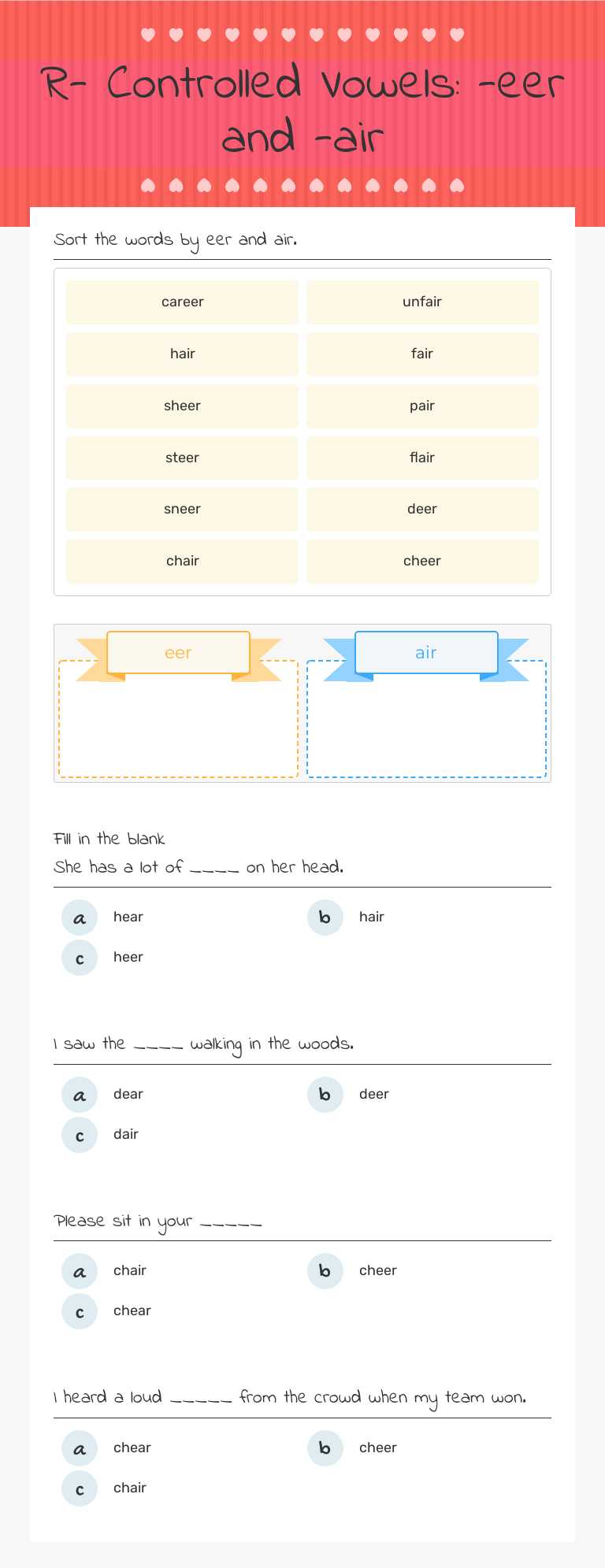R- Controlled Vowels: -eer and -air worksheet preview image
