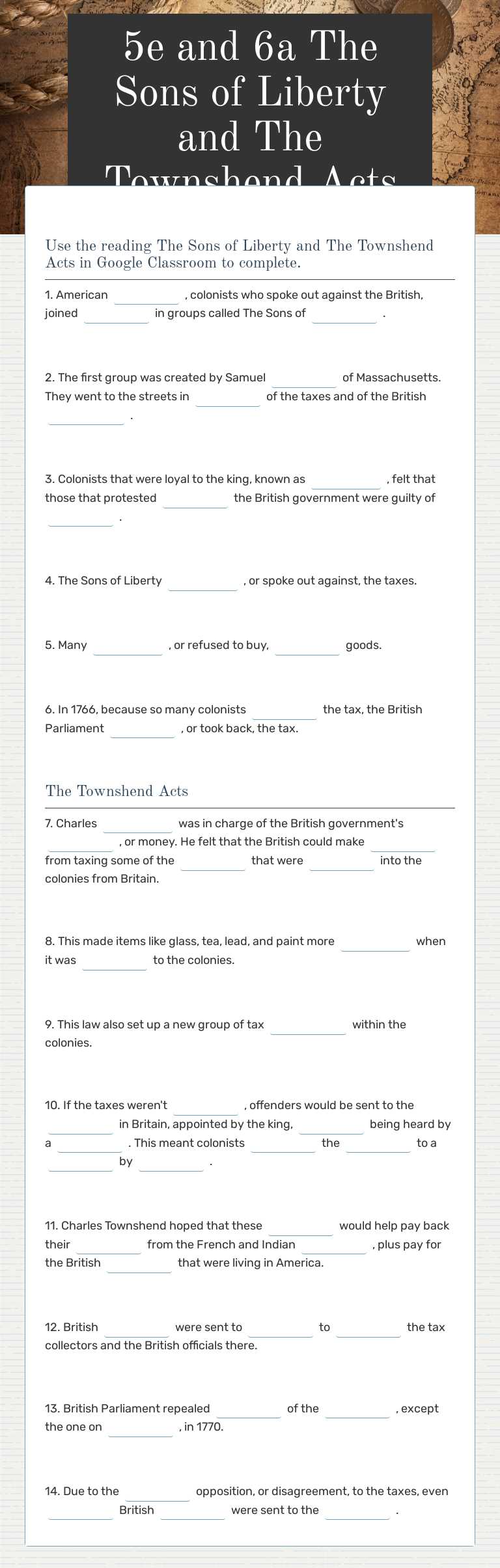 5e and 6a The Sons of Liberty and The Townshend Acts worksheet preview image