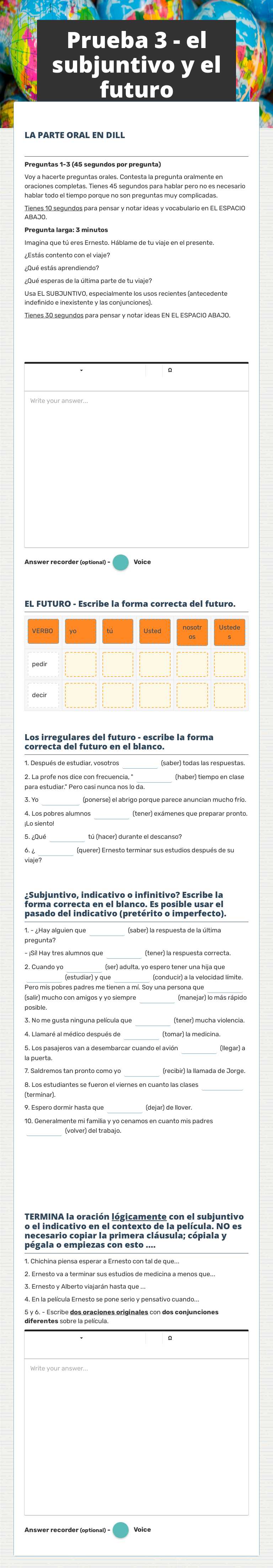 Prueba 3 - el  subjuntivo y el futuro worksheet preview image