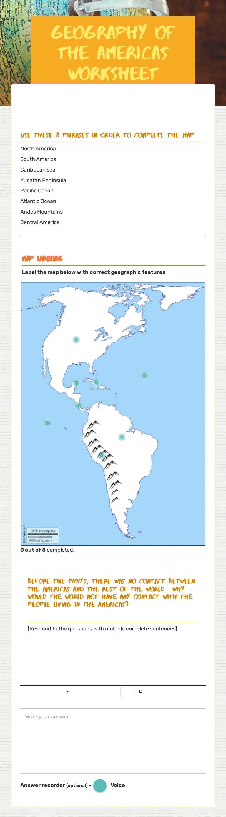 GEOGRAPHY OF THE AMERICAS WORKSHEET worksheet preview image