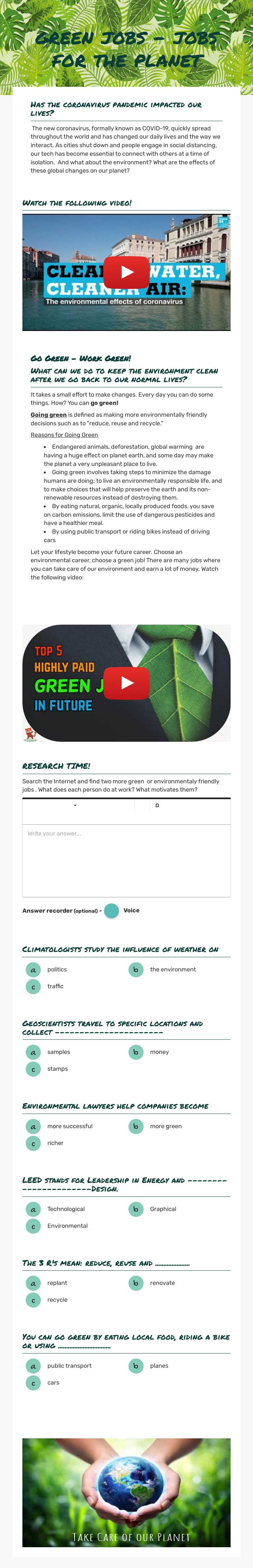 green jobs - jobs for the planet worksheet preview image