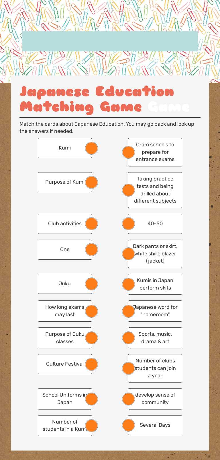 Japanese Education Matching Game Grade 6 worksheet preview