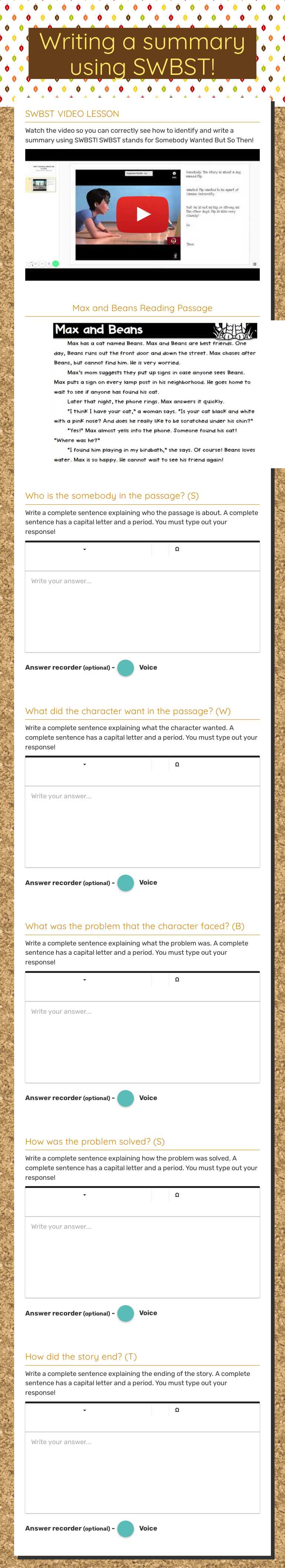 Writing a summary using SWBST! Grade 3 worksheet preview