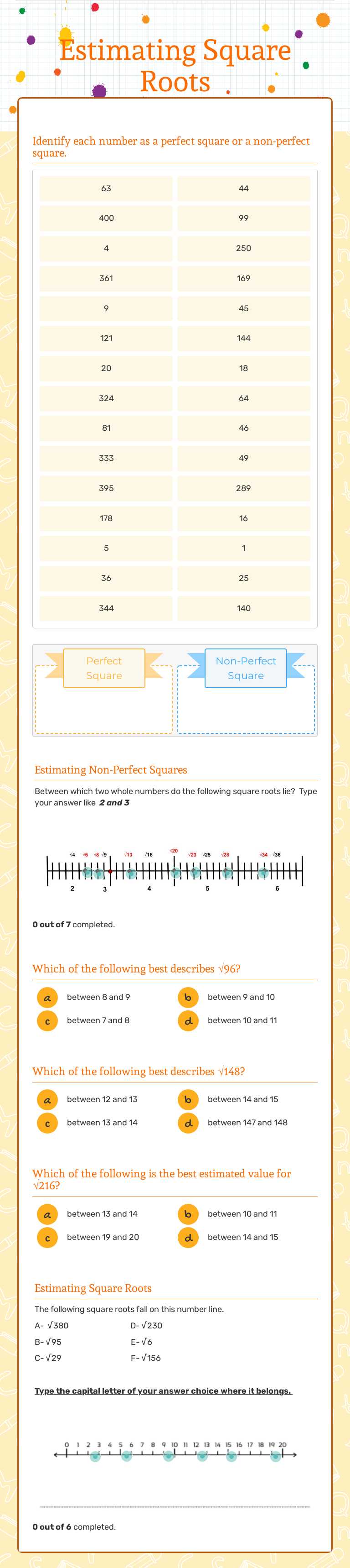 Estimating Square Roots worksheet preview image