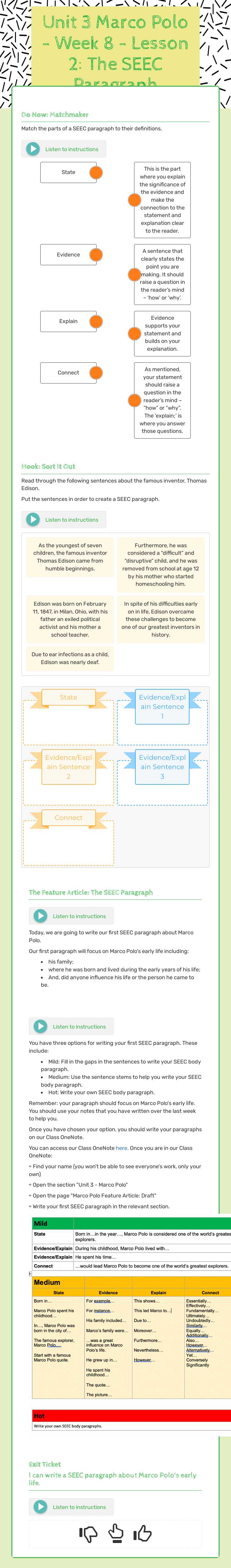 Unit 3 Marco Polo - Week 8 - Lesson 2: The SEEC Paragraph Grade 7 worksheet preview