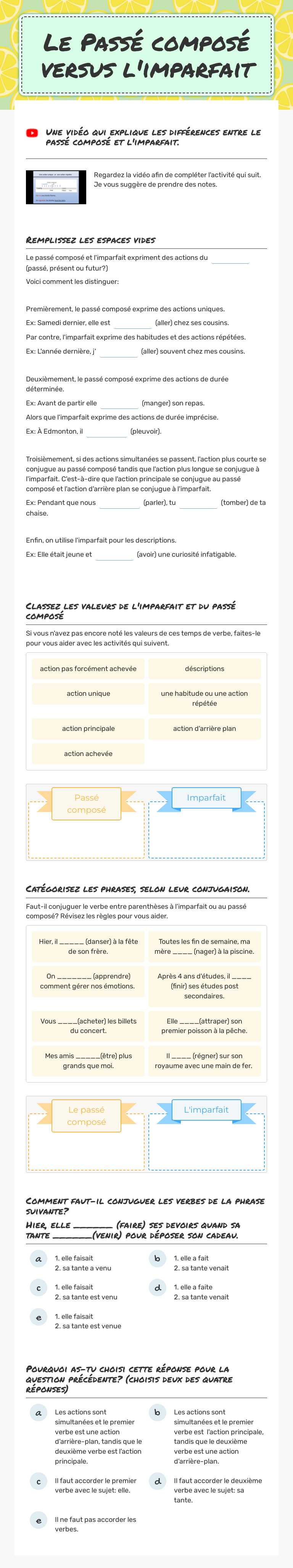 Le Passé composé versus l'imparfait worksheet preview image