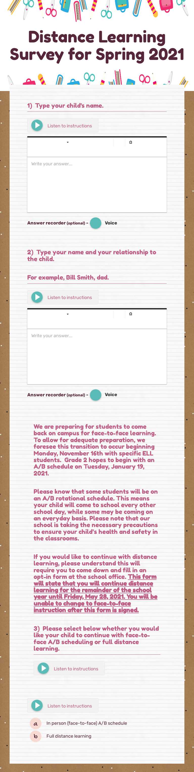 Distance Learning Survey for Spring 2021 worksheet preview image