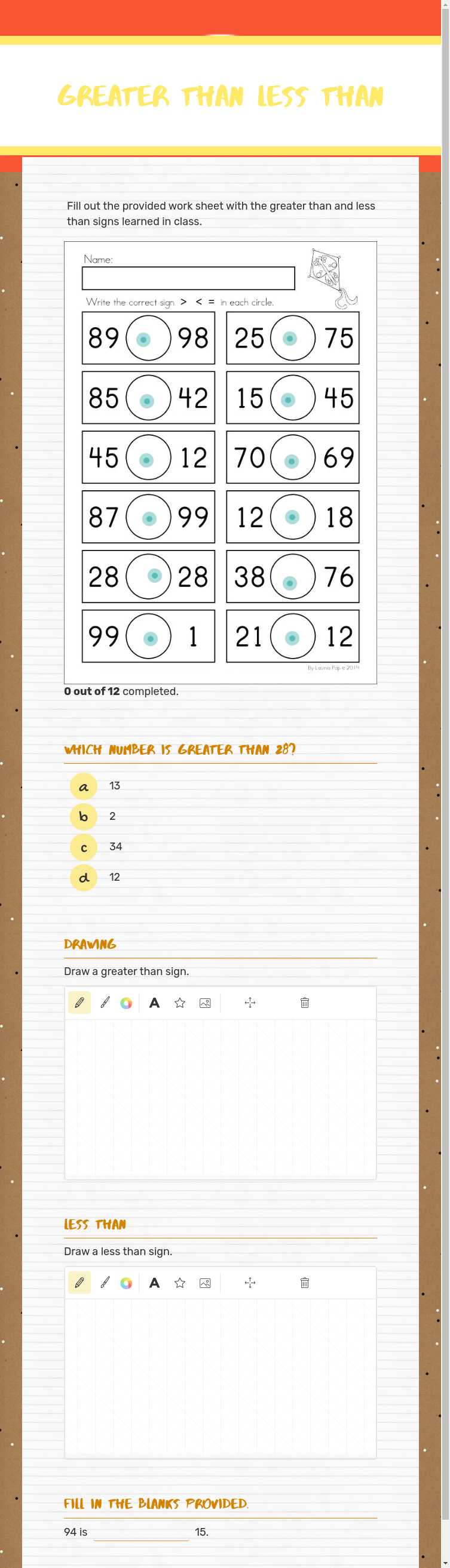 Greater Than less than worksheet preview image