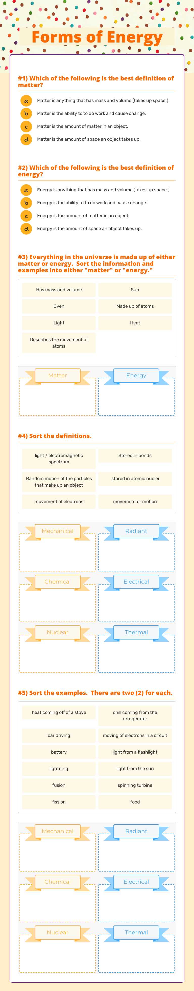 Forms of Energy Grade 9 worksheet preview