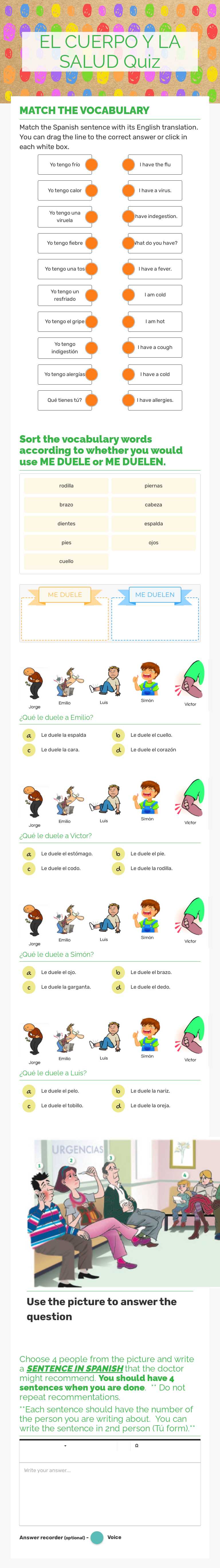 EL CUERPO Y LA SALUD Quiz Grade 7 worksheet preview